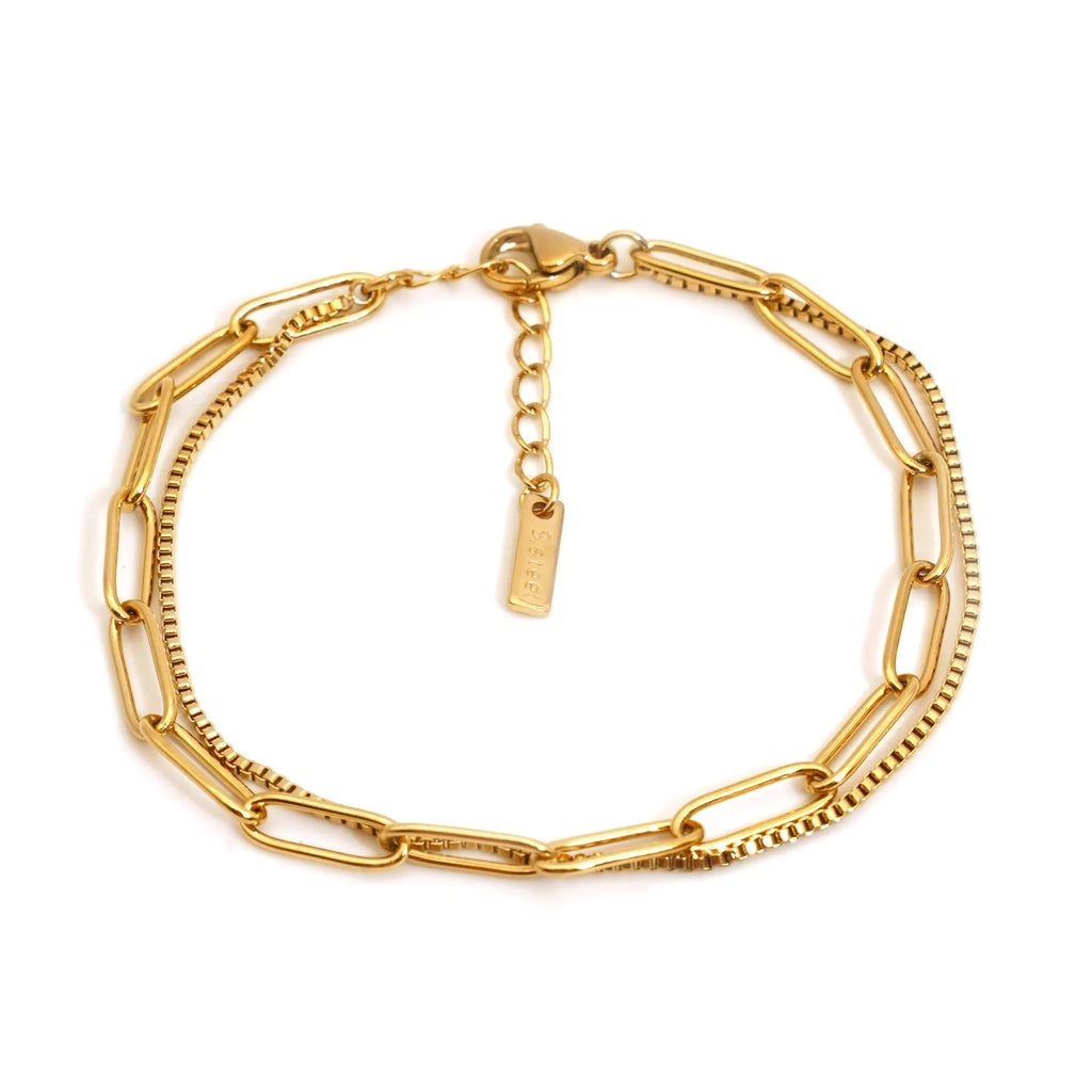 Women's double layer titanium steel bracelet with geometric lines in gold or silver electroplate