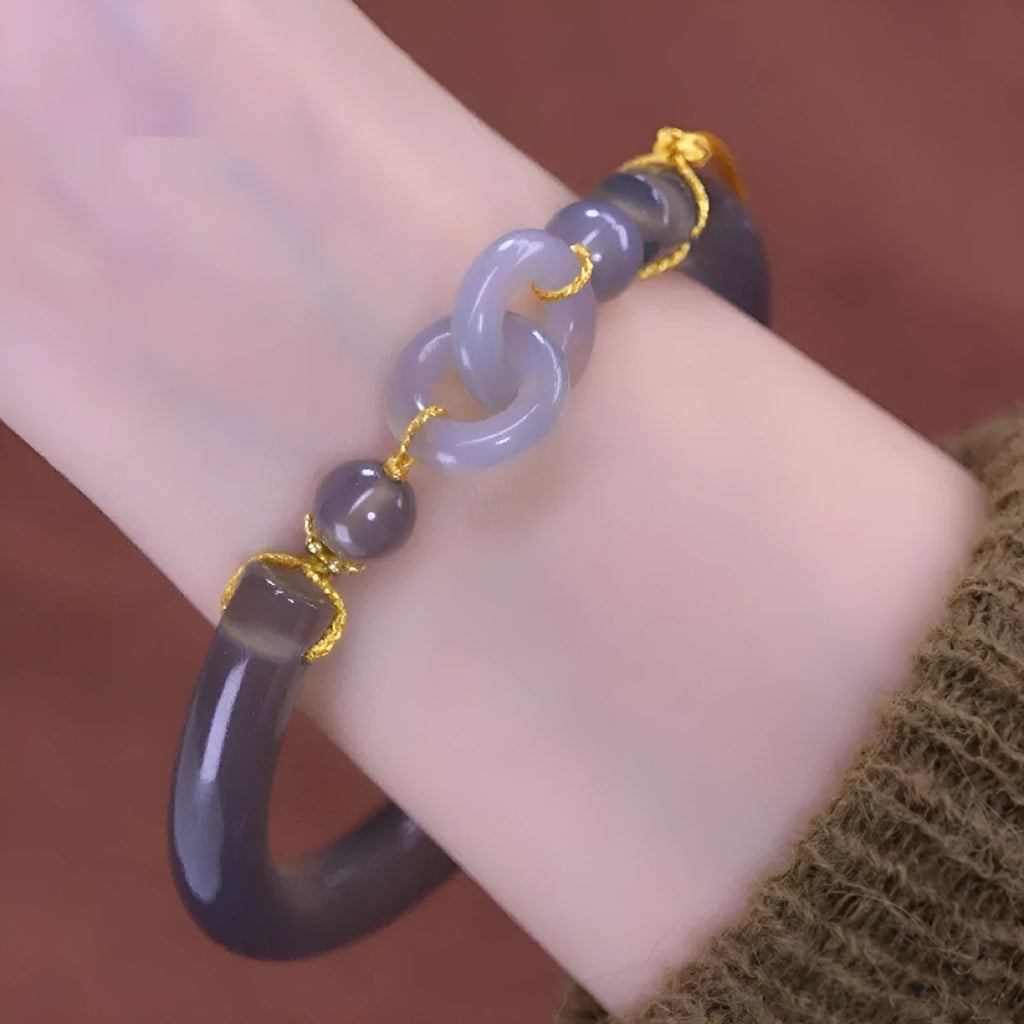 Women's grey smoke purple agate half bracelet with ring buckle clasp in retro styling