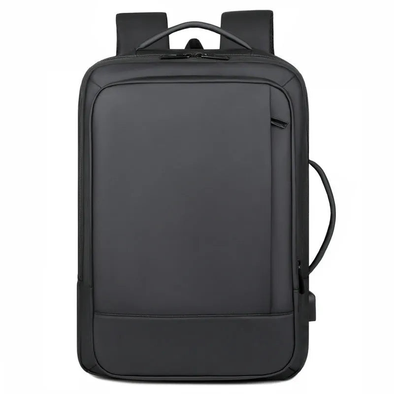 Black waterproof Oxford cloth business backpack with curved shoulder straps and derm leather detailing