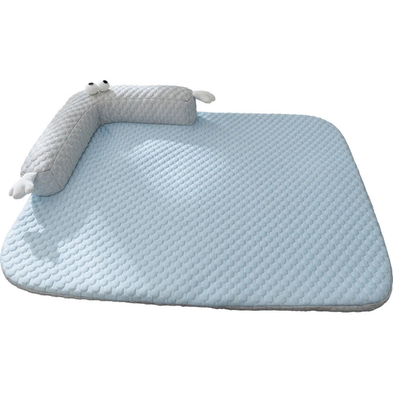 Blue pet bed cushion with big-eyed monster design for dogs and cats on a wooden floor