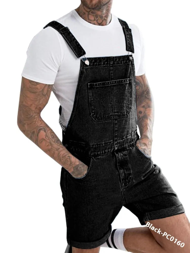 Male model wearing black mid-stretch denim suspender pants with straight leg cut and zip fly