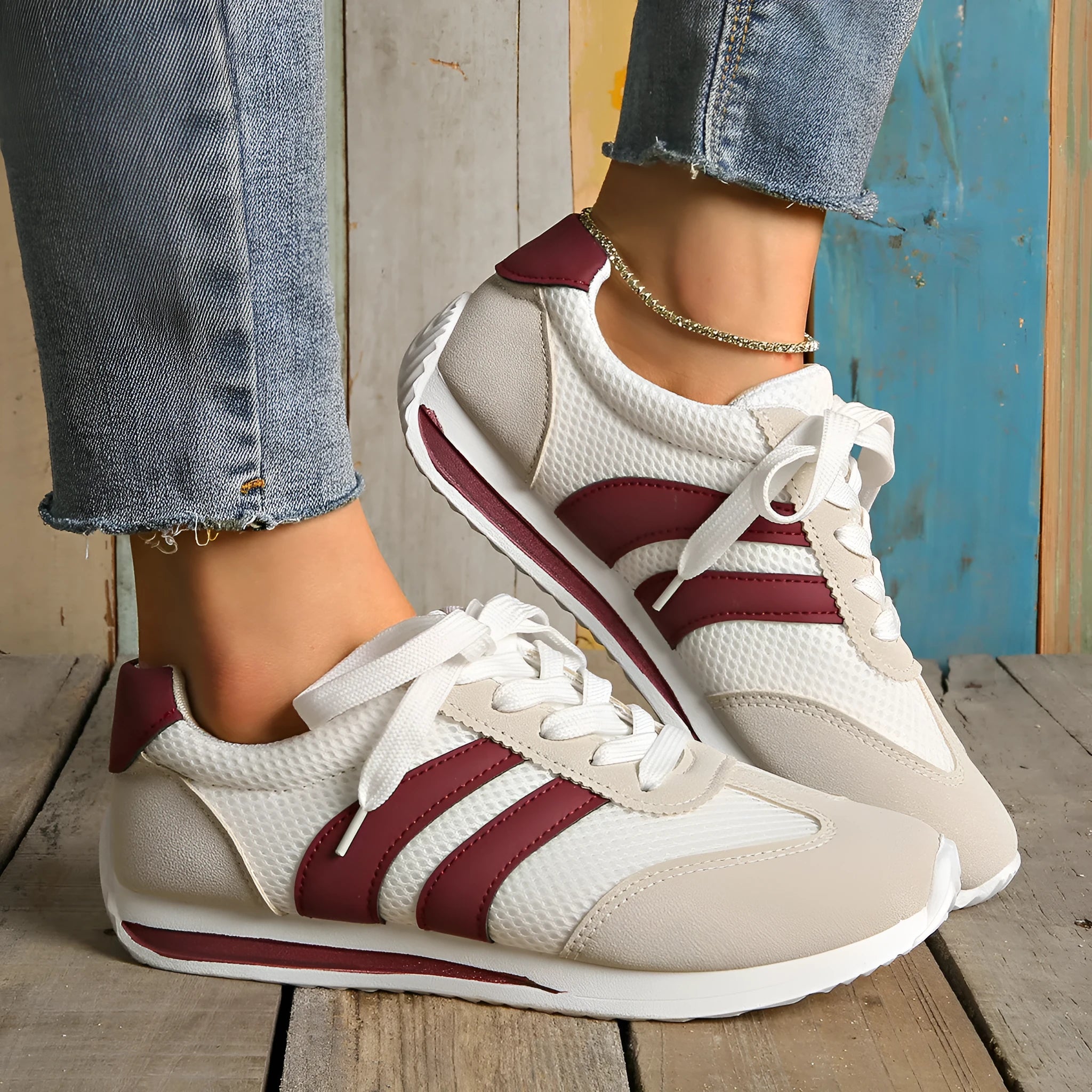Wine red Cortez Retro style sneakers with breathable mesh and cross-strap design