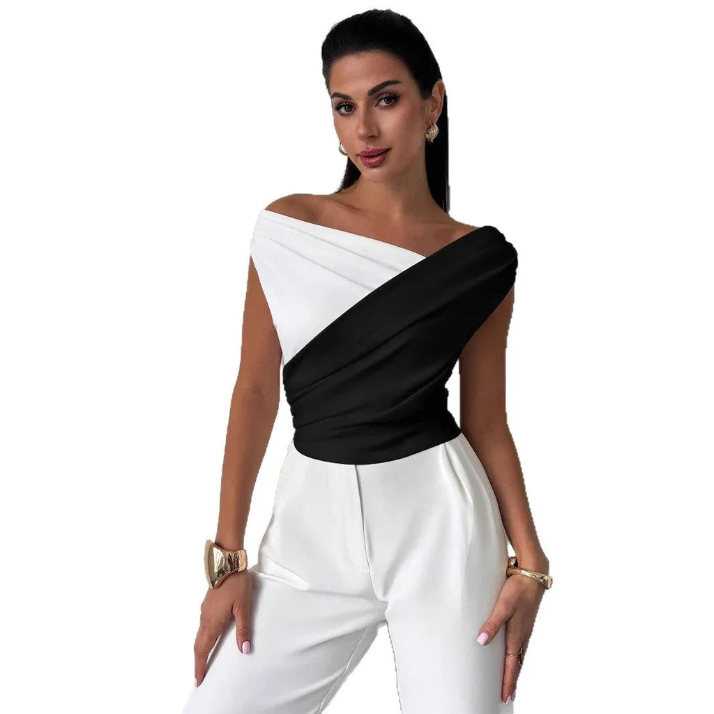 Colour-blocked asymmetric shoulder ruffled hem slim-fit polyester top for women in black with white panels