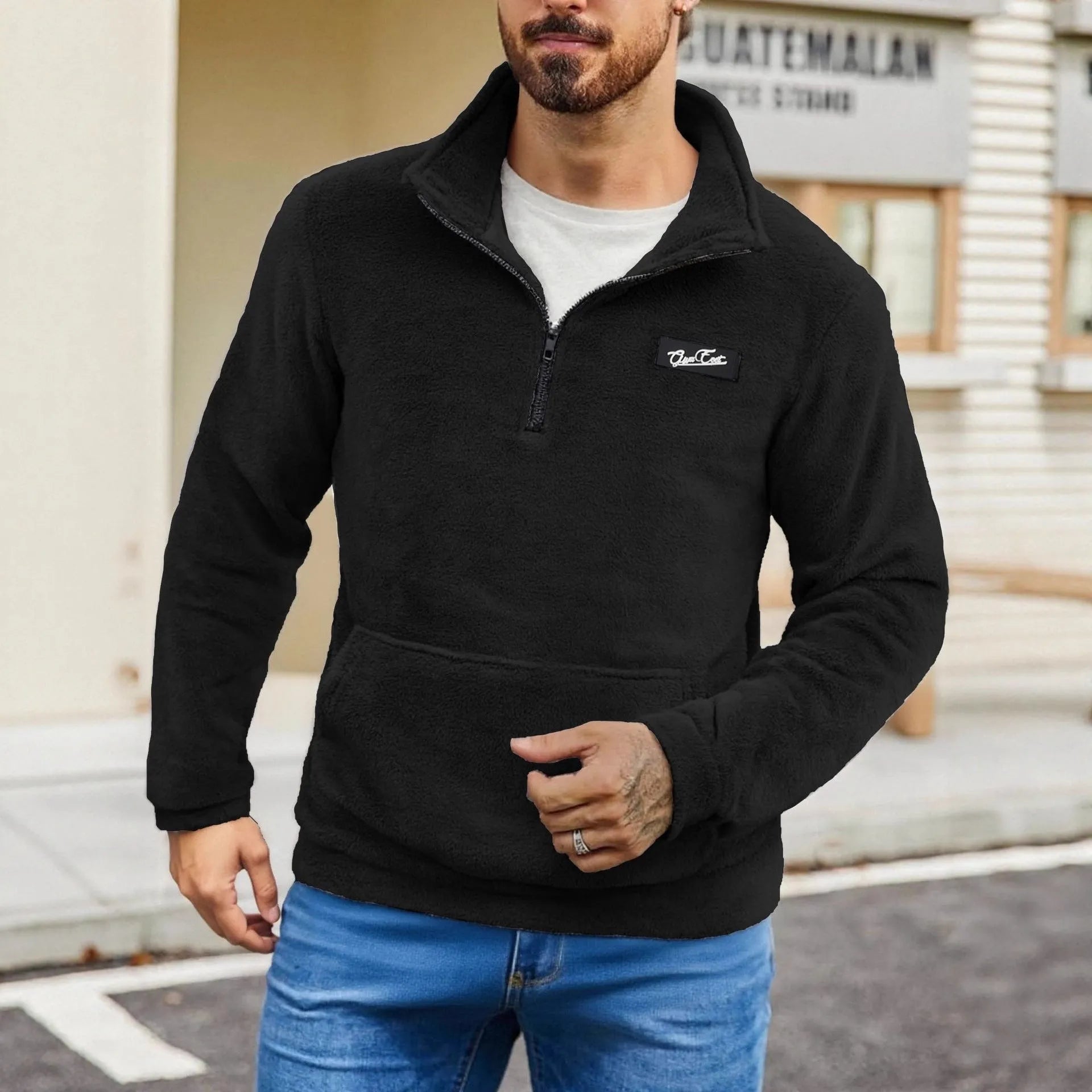 Stand collar loose long sleeve half-zip sweatshirt in grey, front view