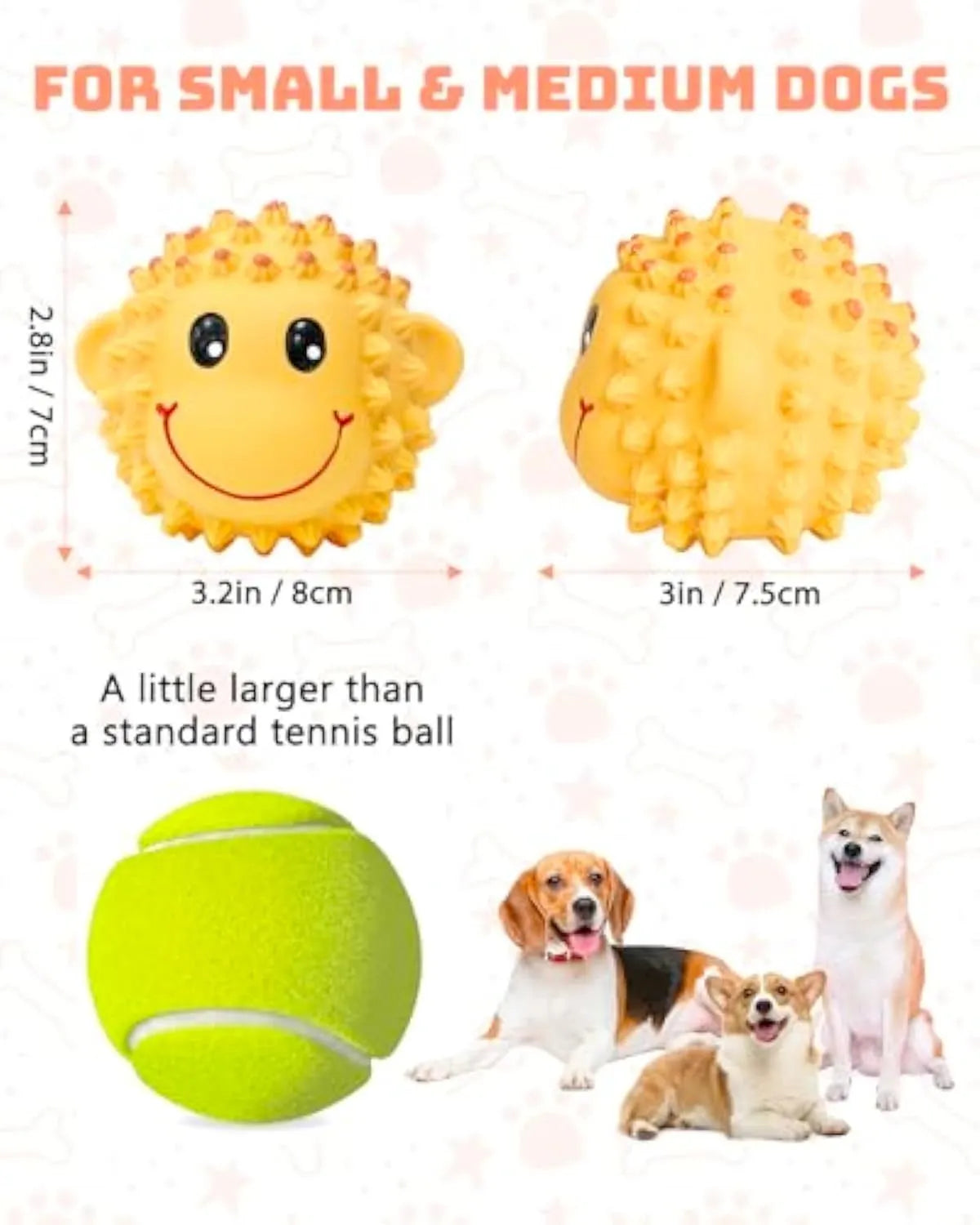 Set of four orange and yellow spiky latex animal dog toys with squeakers.