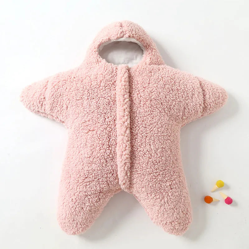 Baby sleeping bag with hood in cashmere and cotton, showing zipper and cuffs.