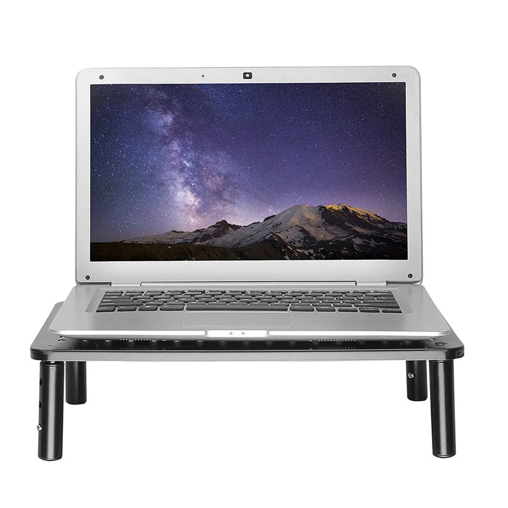 Black mesh iron display stand with three adjustable height settings for monitors and laptop cooling