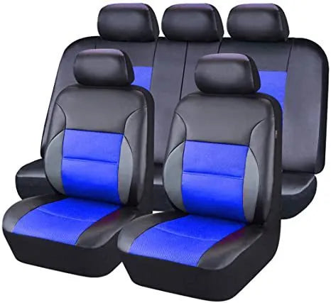Set of black artificial leather car seat covers for front and rear seats with headrest covers and hooks.