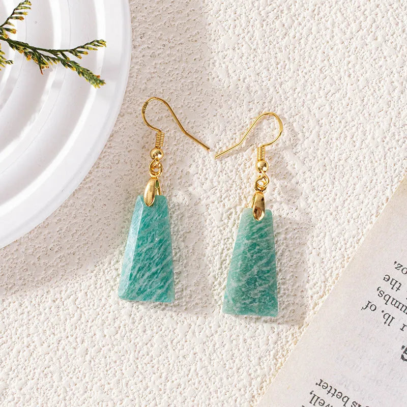 Amazonite rough stone trapezoid earrings with geometric design in gold and silver colours