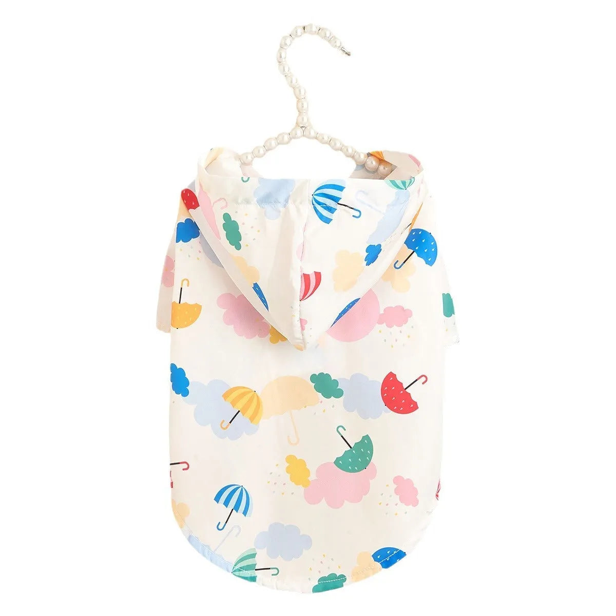 Colourful cartoon umbrella print dog raincoat in polyester, showing sizes XS, S, M, L, XL.