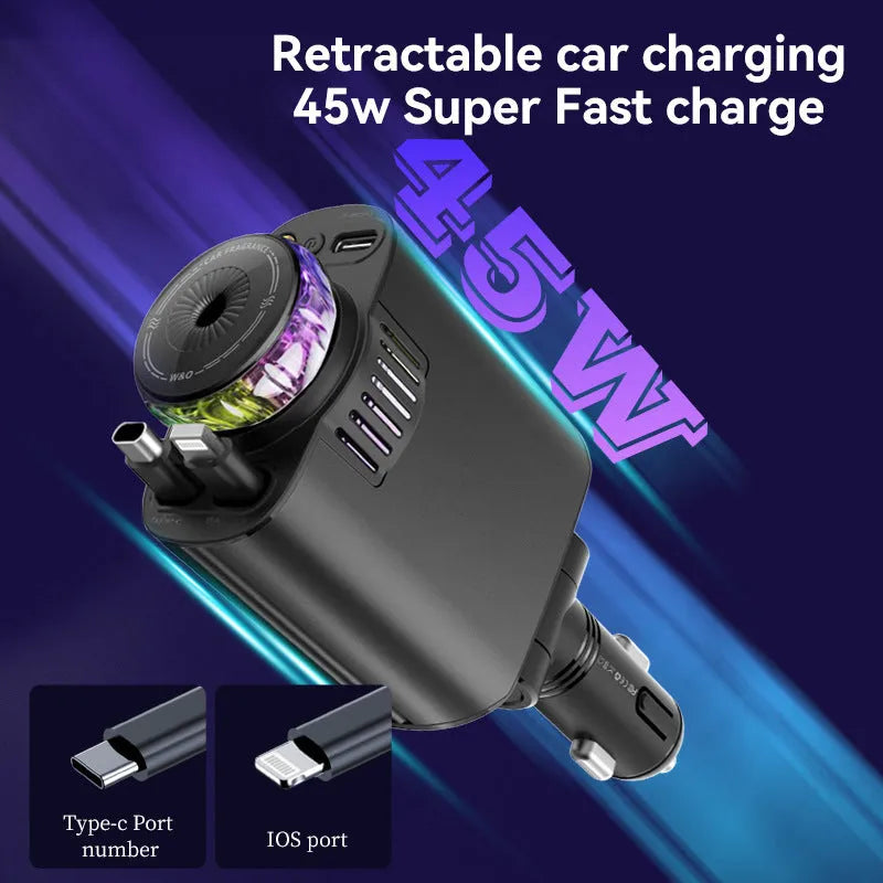Black-purple multifunctional car phone charger with purple lamp, cigarette lighter plug, one-to-three stretch design, and fast charging.