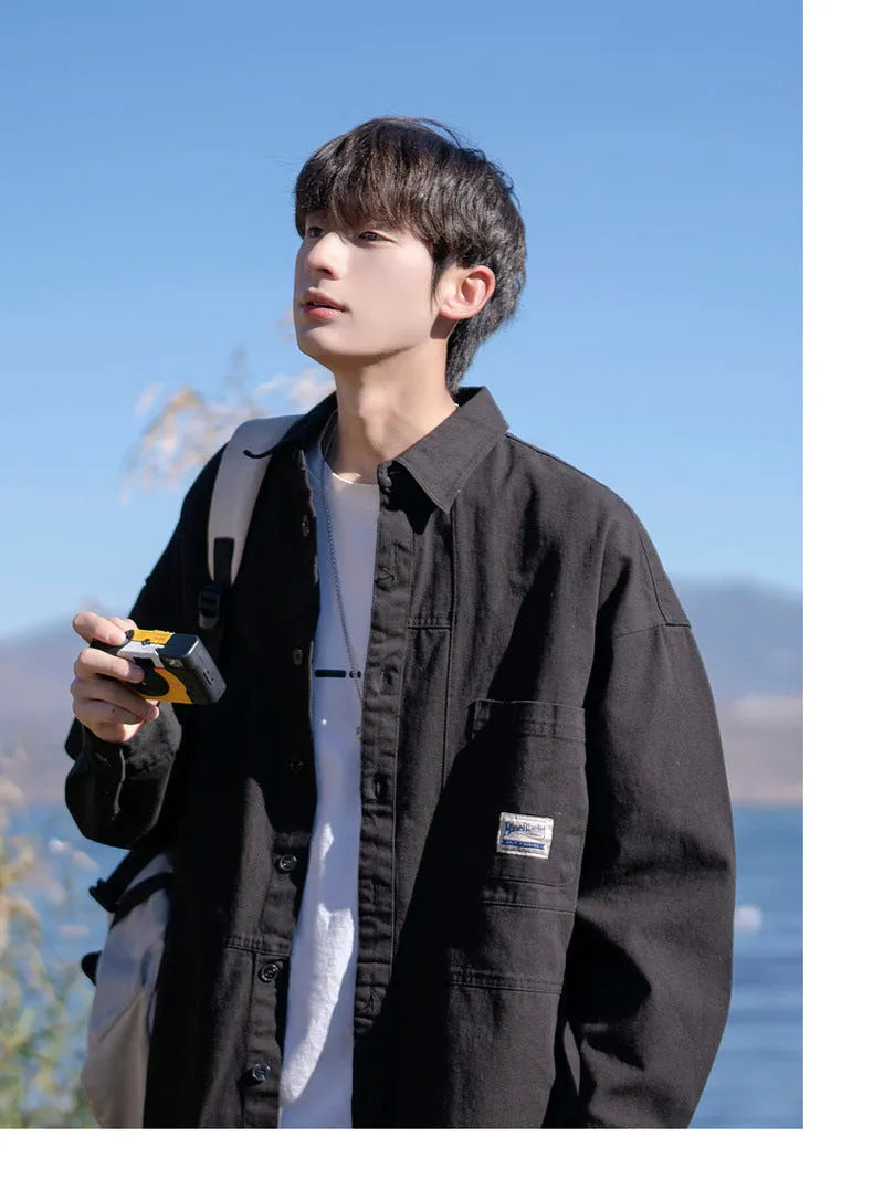 Japanese work shirt jacket in cotton loose fit cardigan style square collar black coffee green colours