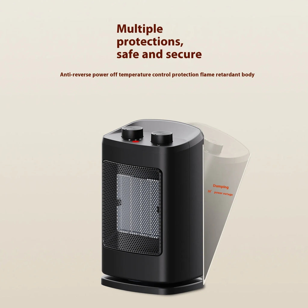 Small black PTC ceramic desktop heater with three fan speeds and tip-over safety switch