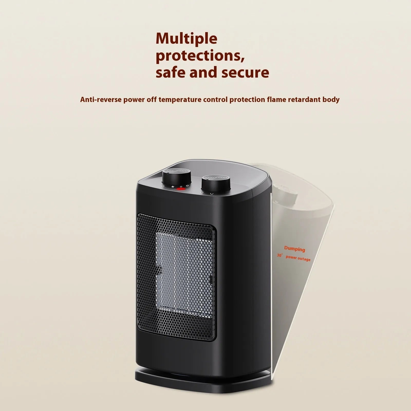 Small black PTC ceramic desktop heater with three fan speeds and tip-over safety switch