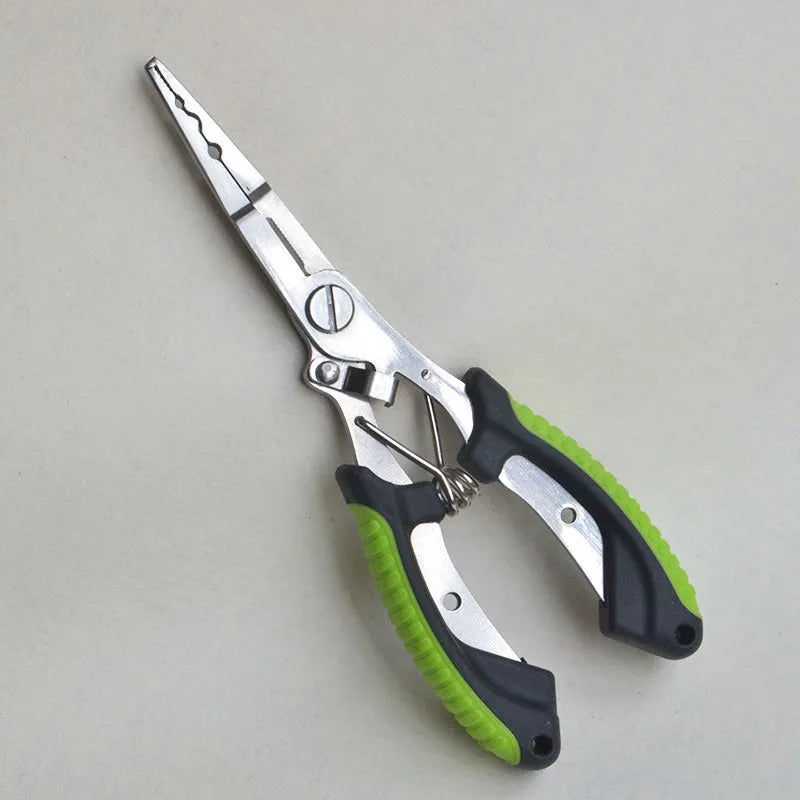 Medium stainless steel fishing pliers with a blue plastic handle, shown with a nylon carry bag and strap.
