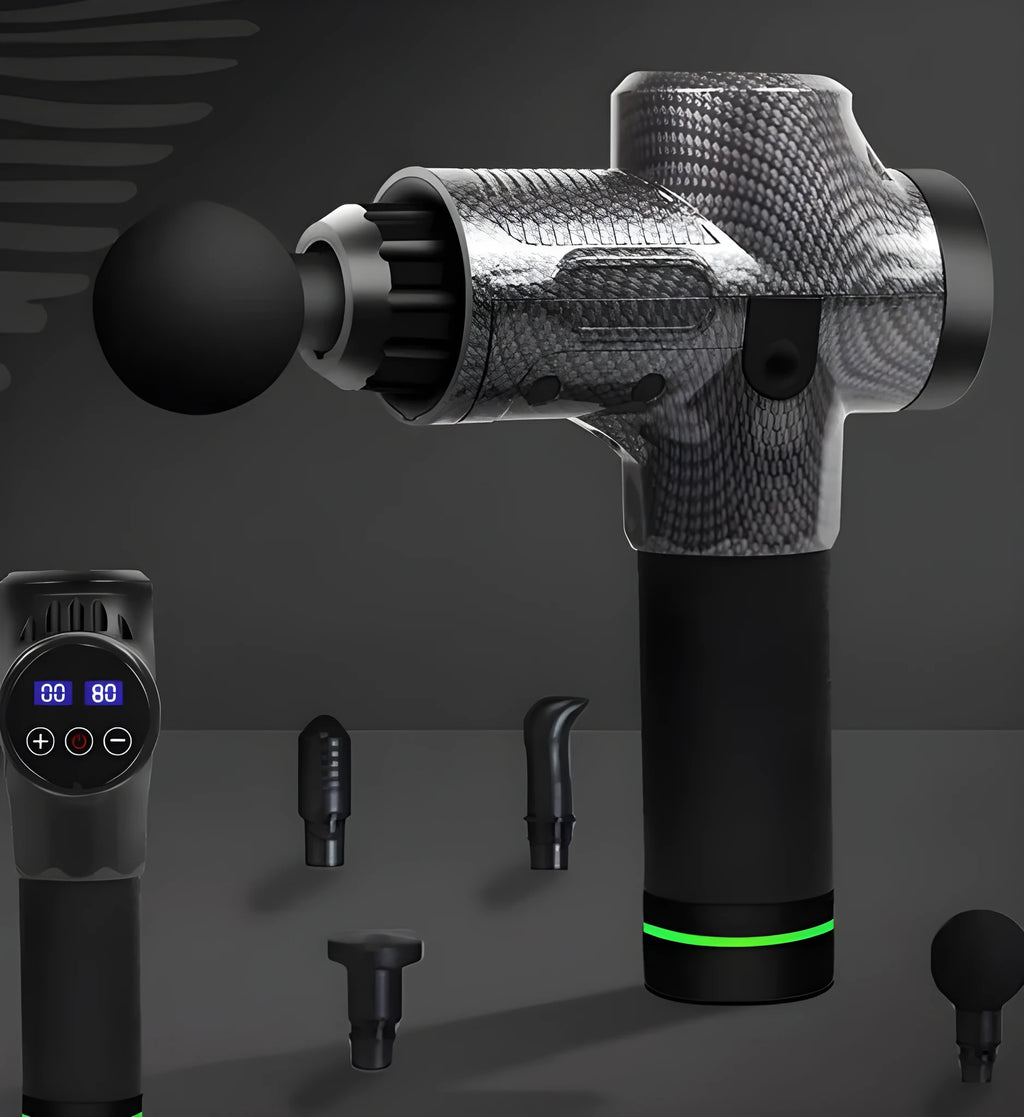 Black electric muscle massage gun with 7 different attachment heads on a table.