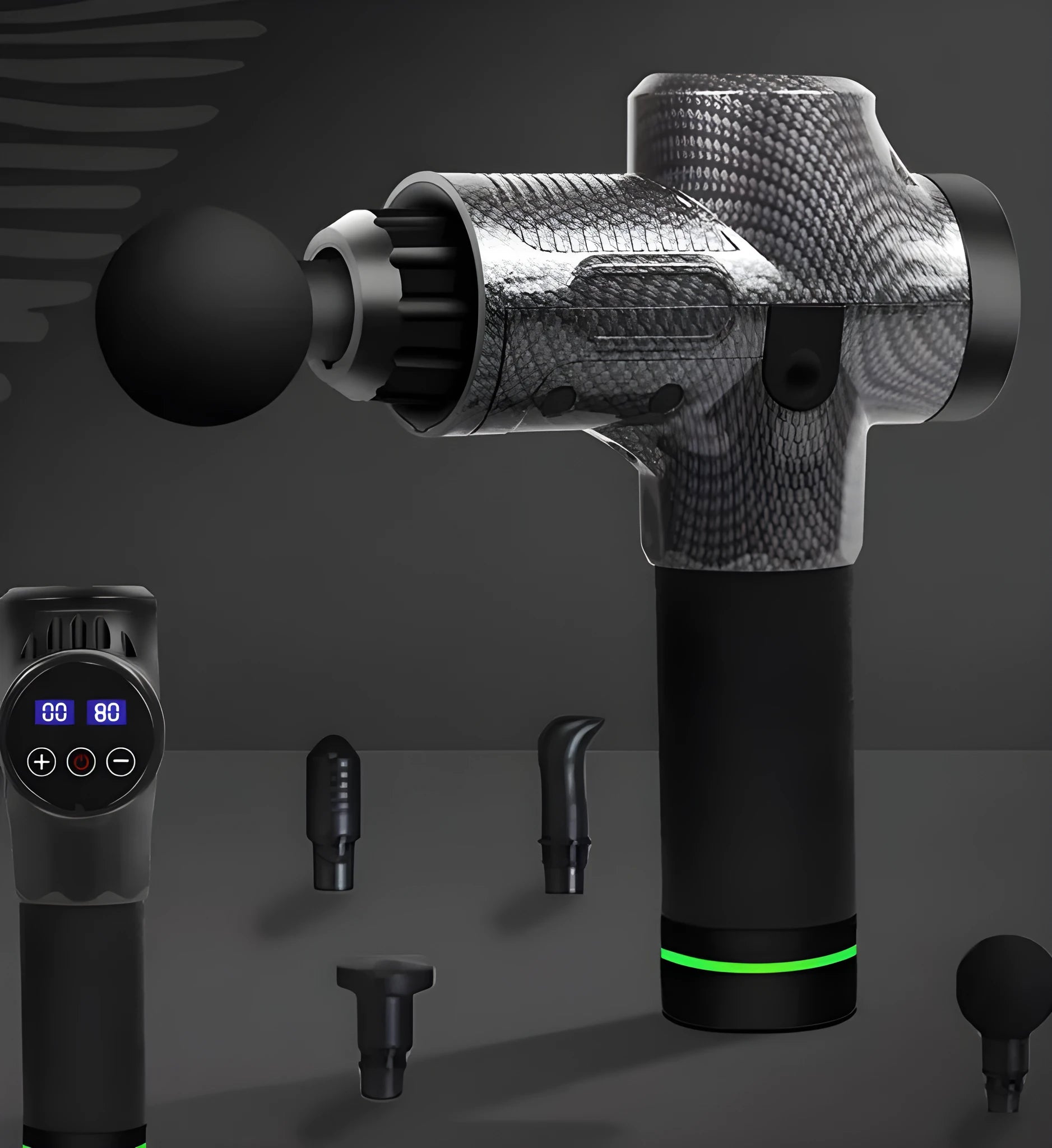 Black electric muscle massage gun with 7 different attachment heads on a table.