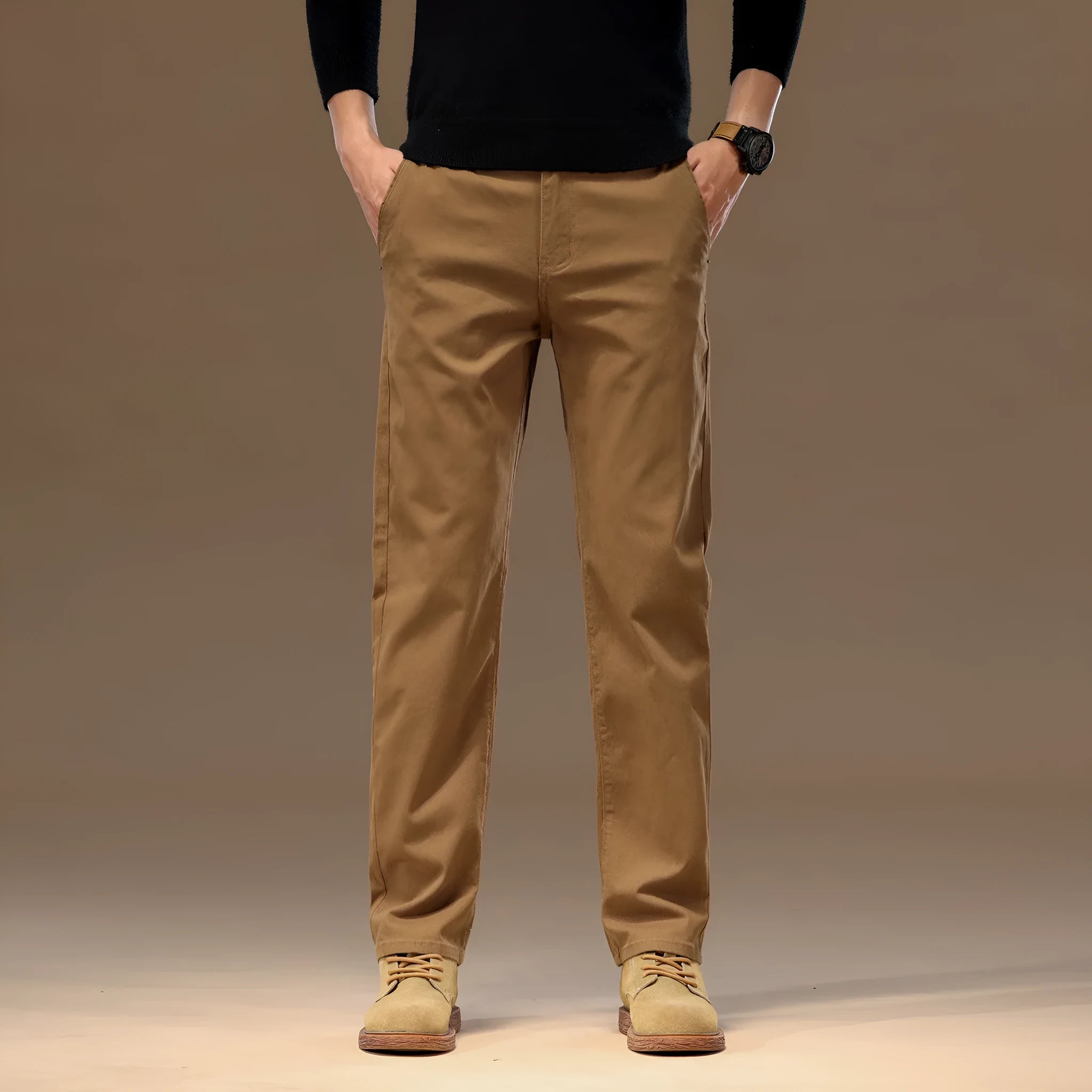 Men's cotton denim loose straight casual trousers in rust red with zip fly and elastic waist, front view