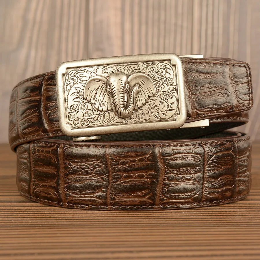 Men's automatic buckle belt, cowhide leather, black alligator pattern, gold alloy buckle, 110-125cm length