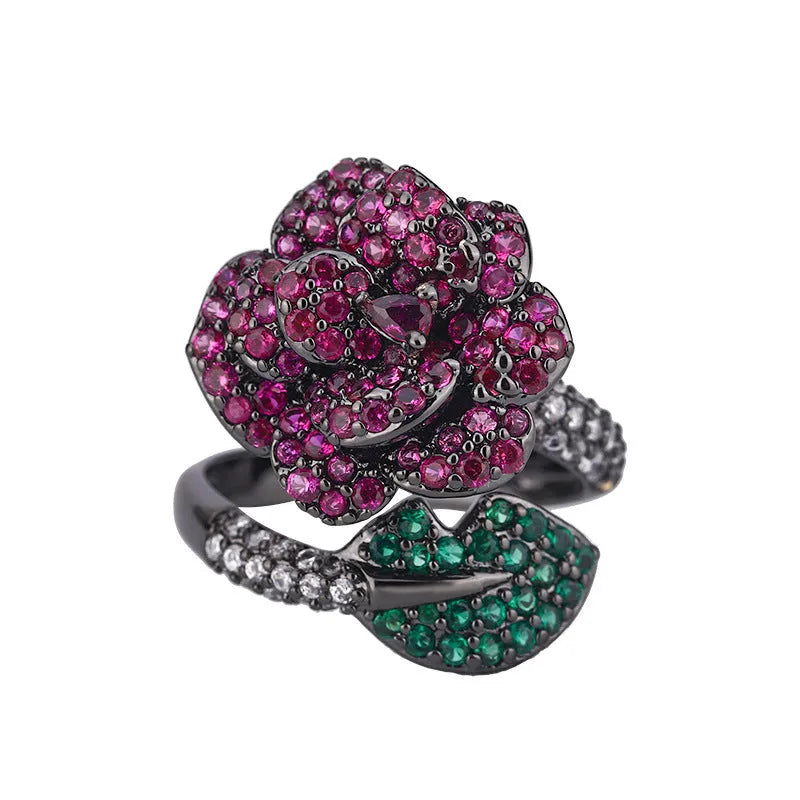 Geometric black gold ring with simulated red corundum stone, women's personality jewellery