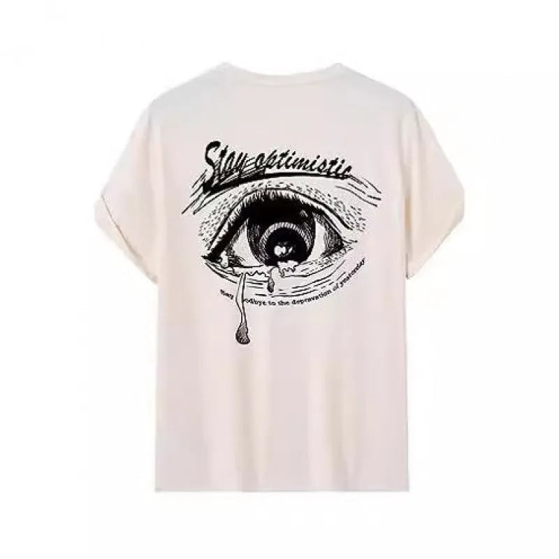 Men's printed short-sleeved street sports T-shirt on a hanger, showing one of the 10 digital print colour styles.