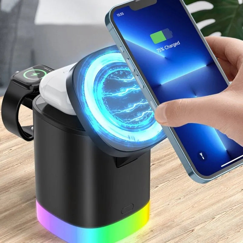 Black foldable 3-in-1 magnetic wireless charging station showing phone, watch and earbuds charging simultaneously.