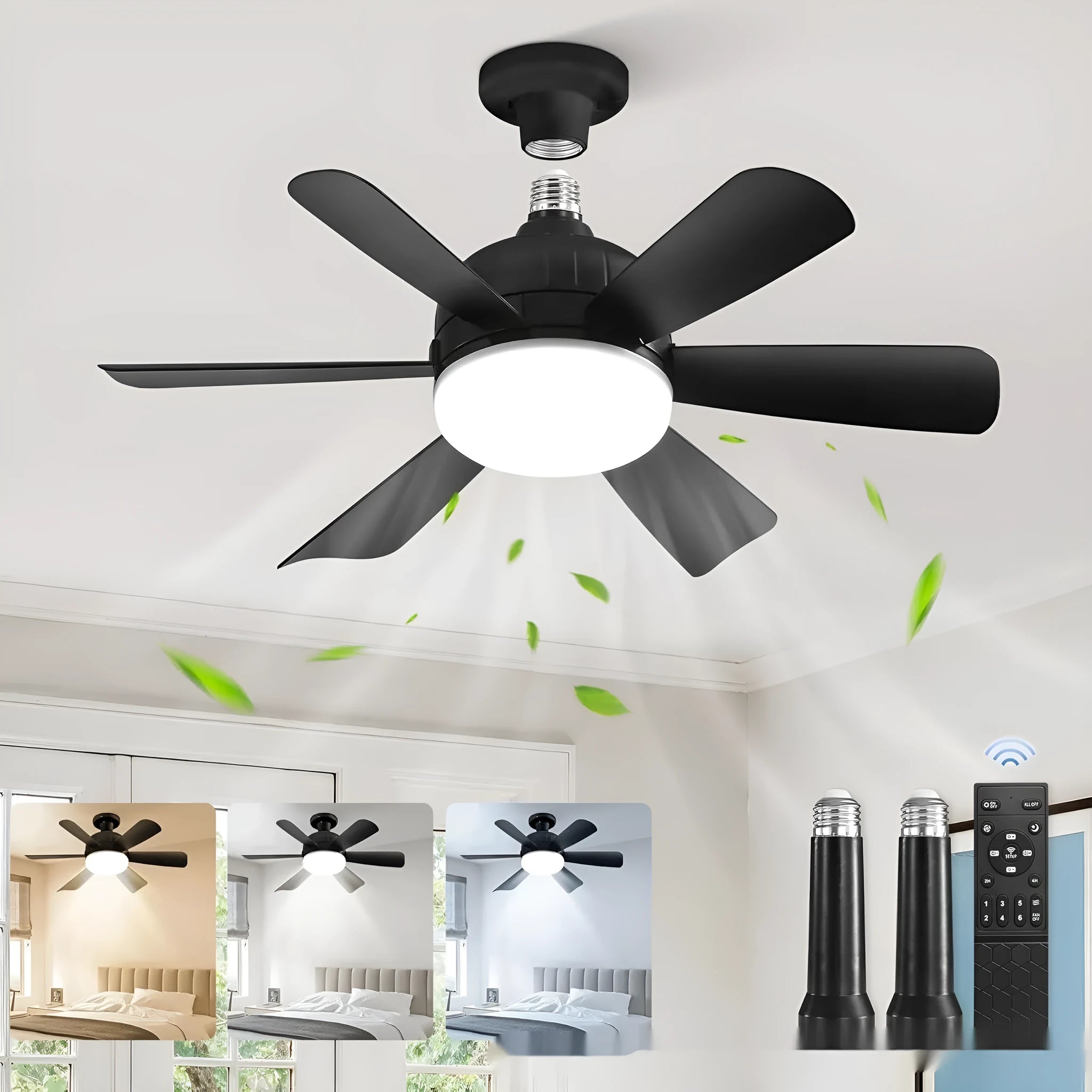 18-inch straight leaf fan lamp with remote control, three-colour variable light, mute motor, black colour option