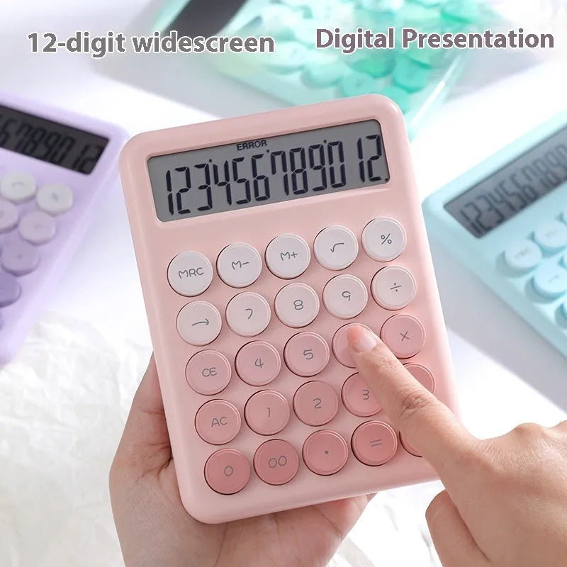 Desktop calculator with gradient colour finish in violet, pink, blue, or mint green on a desk