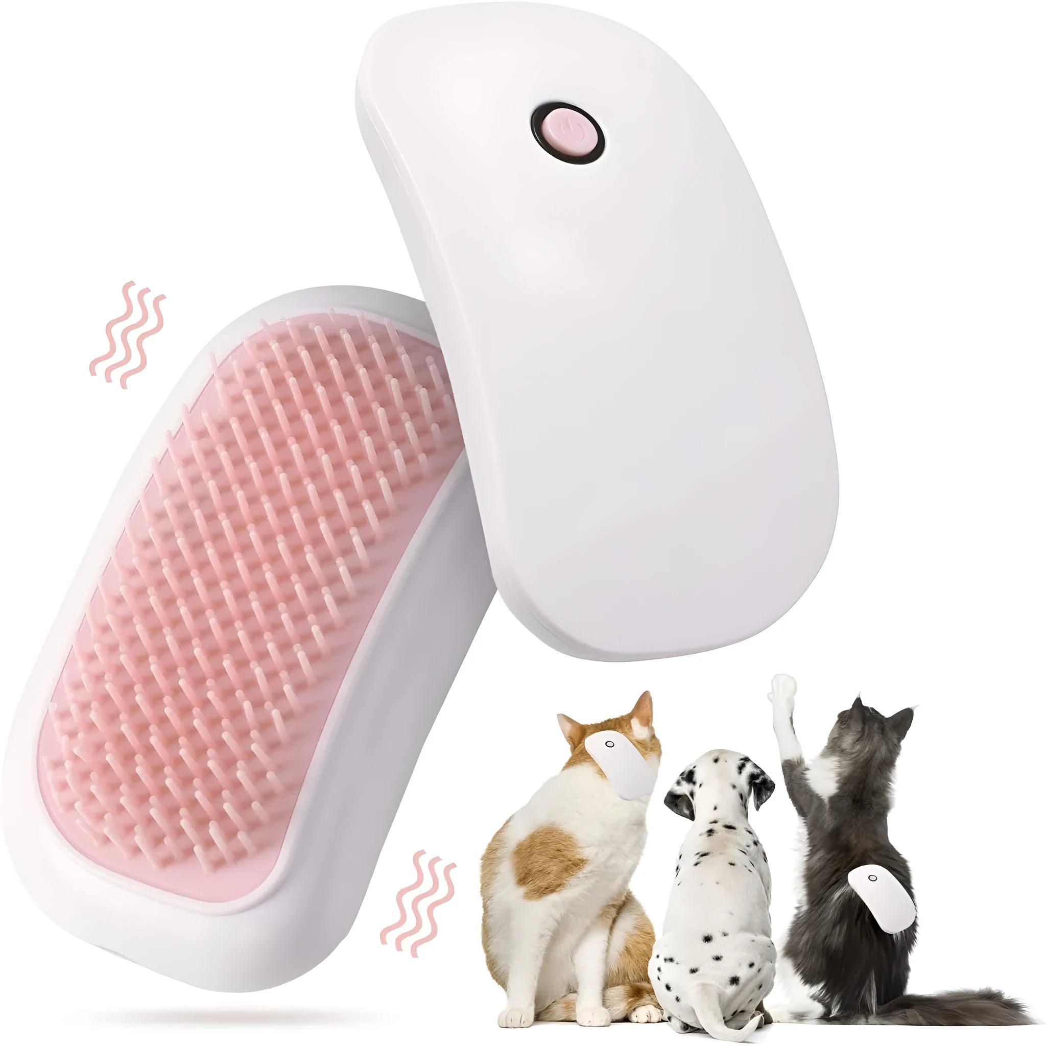 Pink handheld electric pet grooming brush with soft TPE teeth for cats and dogs.