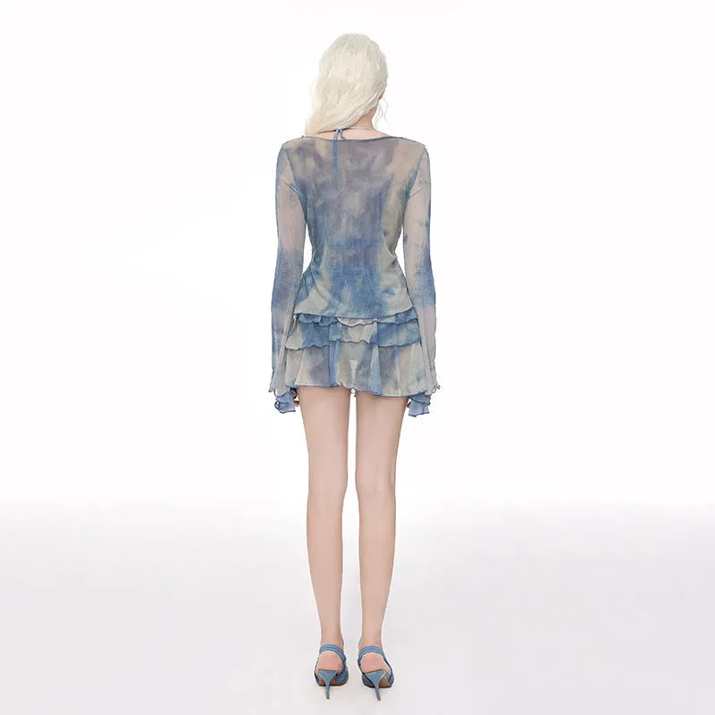 Women's steel support push-up long-sleeved blouse split swimsuit in blooming blue colour