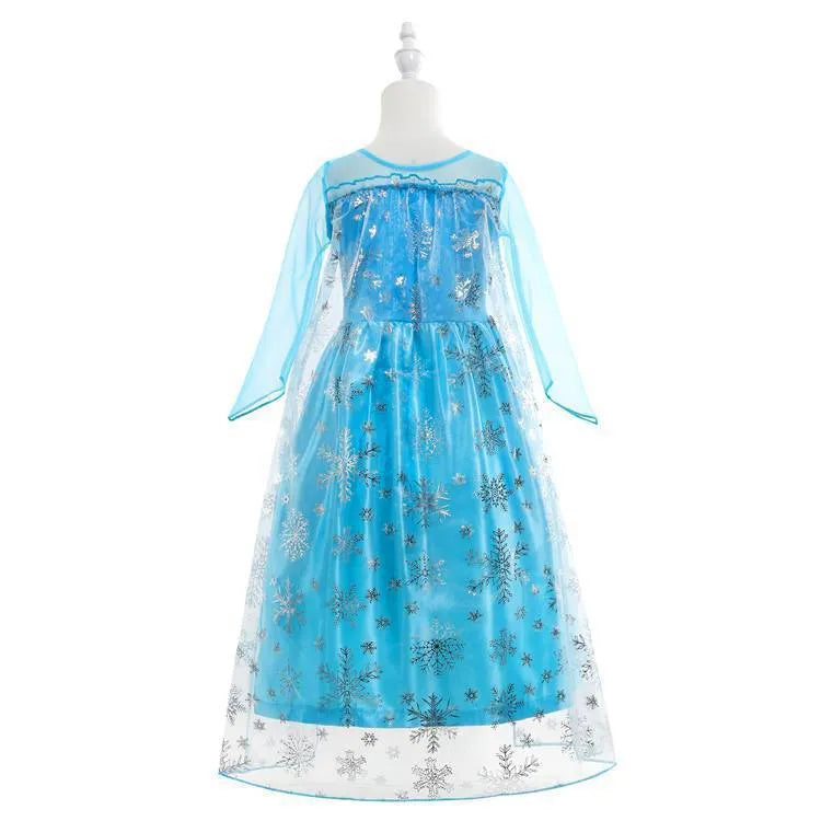 Blue Frozen Queen Elsa children's gown with flower and animal patterns, polyester lining, size for 100-150cm height