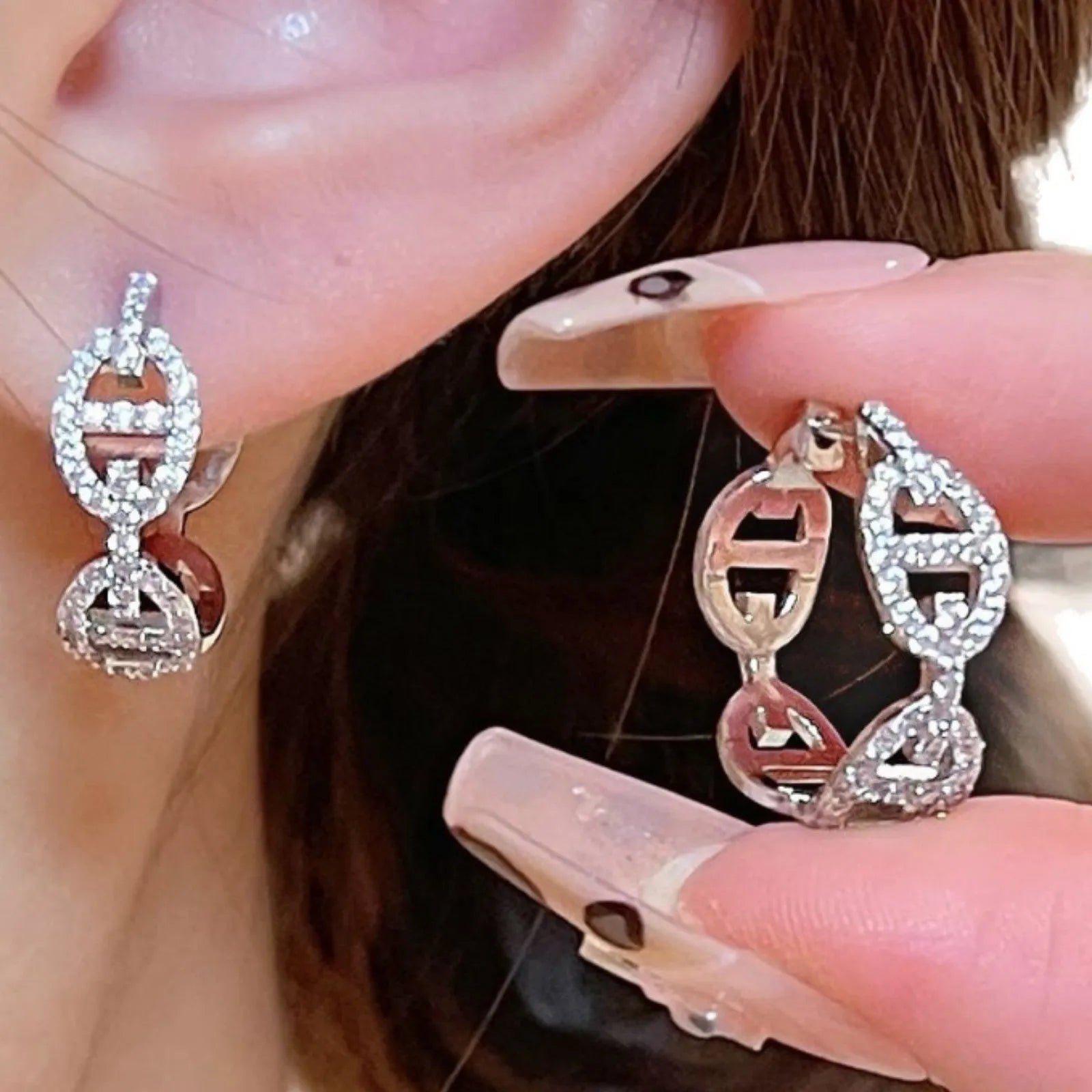 Electroplated casual earrings with diamond-effect design in silver, gold, and rose gold thick gold plating