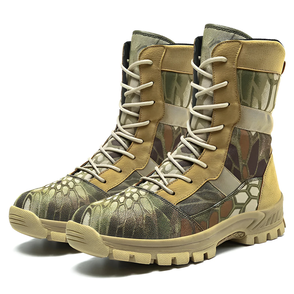 Men's black and camouflage mesh high-top Martin boots with totem pattern detail, shown in sizes 39 to 46.