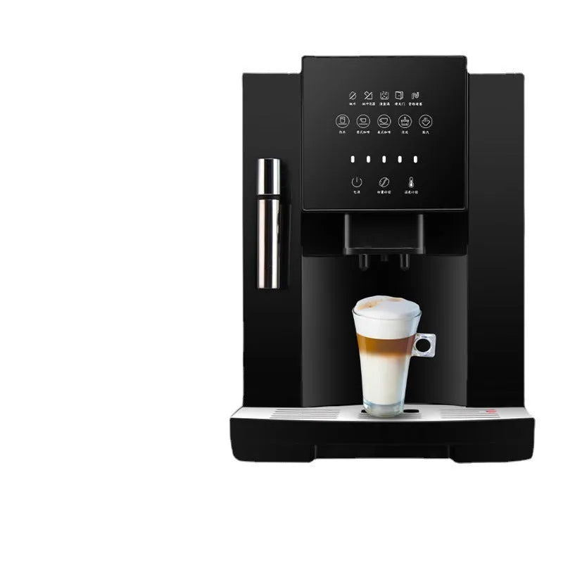 Black automatic small coffee machine with touch screen, 1.8L reservoir, ABS body, industrial style, on countertop