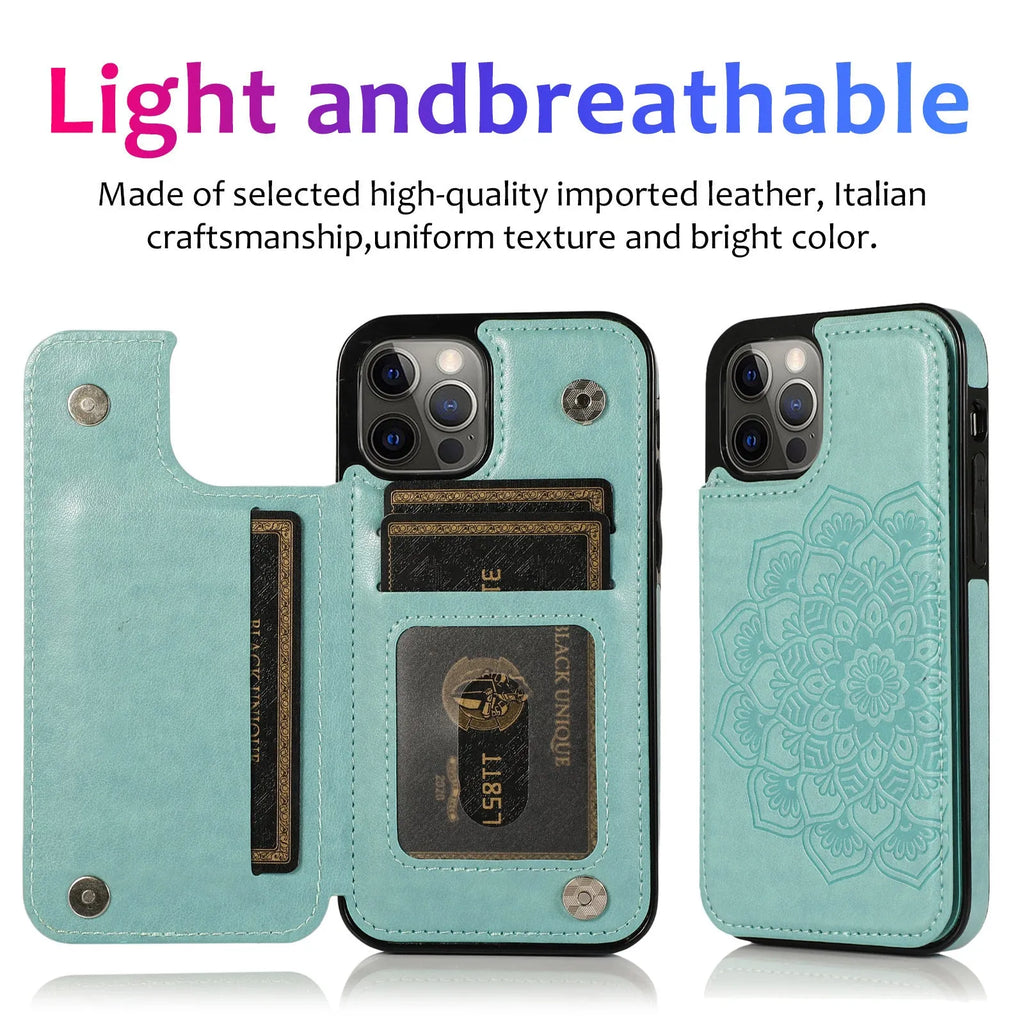 Purple flip PU leather phone case with embossed mandala pattern and card holder slot open on a white background