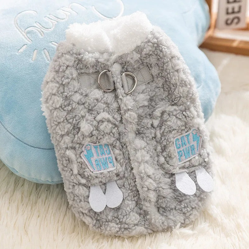 Grey winter dog coat with fleece lining, patches design, and D-ring for small medium dogs