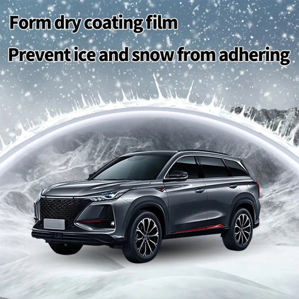 Compact PE plastic car snow brush with hydrophobic nano coating spray, measuring 5x9x14cm.