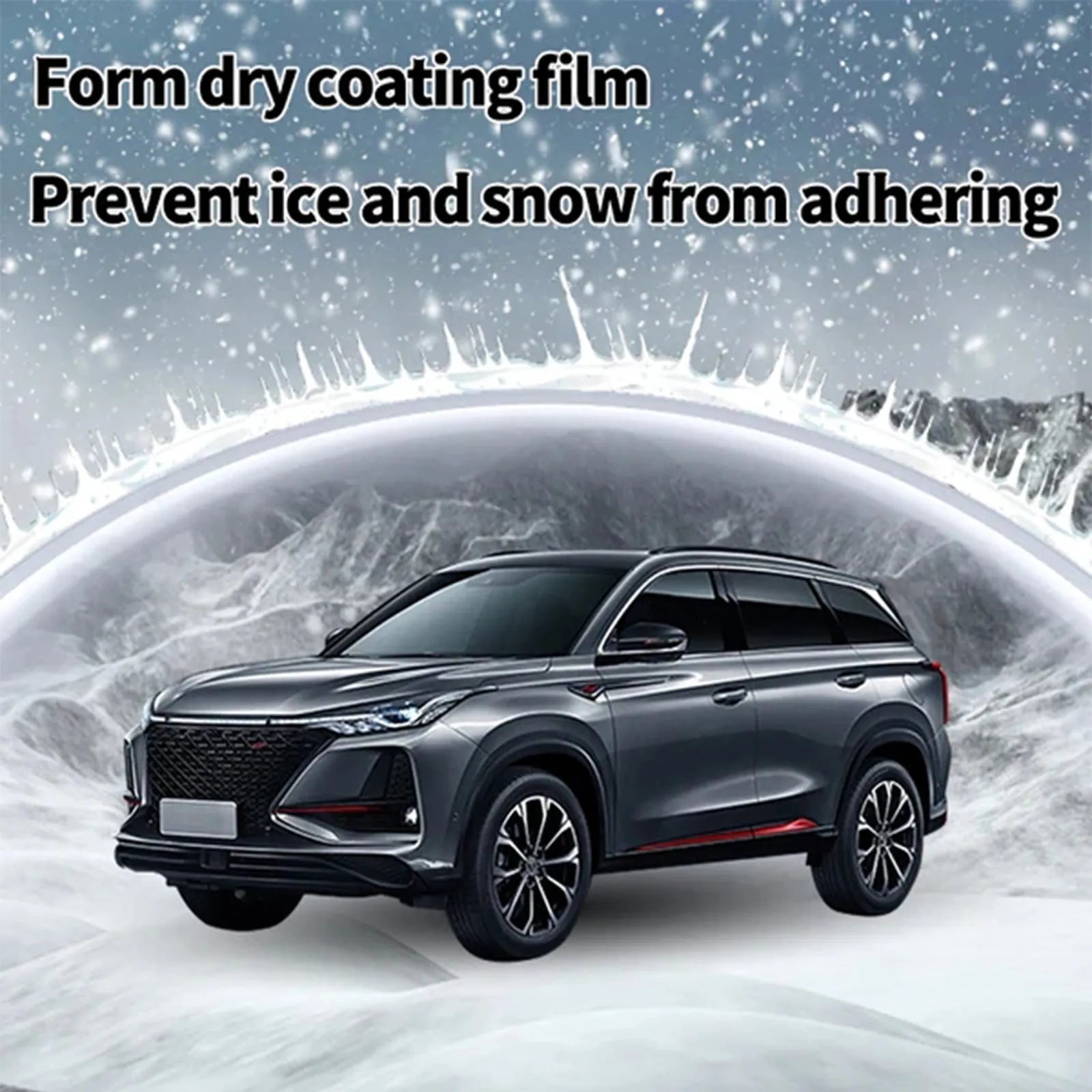 Compact PE plastic car snow brush with hydrophobic nano coating spray, measuring 5x9x14cm.