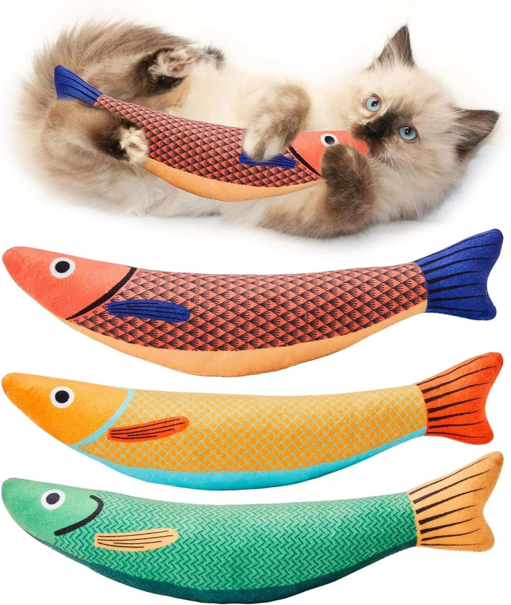 Green, orange and yellow plush catnip fish toys with crinkle sound for indoor cat exercise