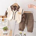 Children's knitted cotton sweater vest set with long sleeves, cartoon pattern, beige and brown colour options, sizes 80-120cm