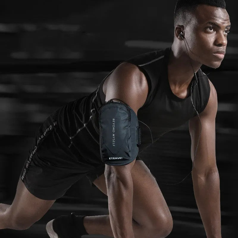 Lightweight reflective running arm bag in black, yellow, or grey, shown on an arm.