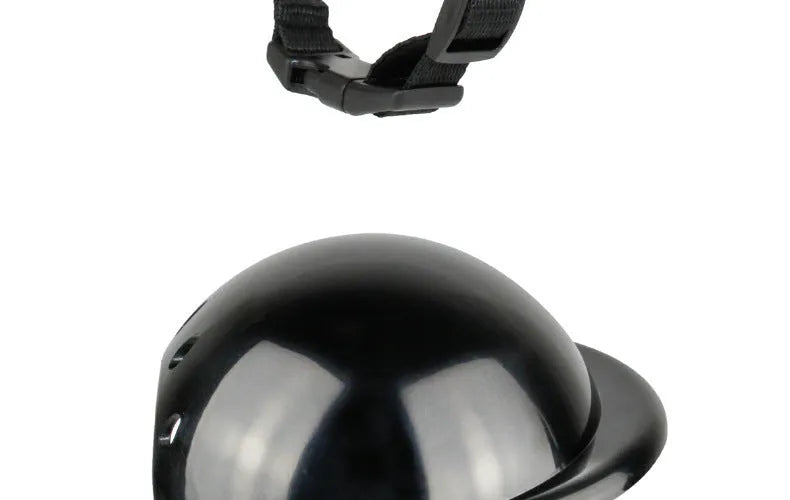 Black pet motorcycle helmet with adjustable strap for dogs and cats on white background