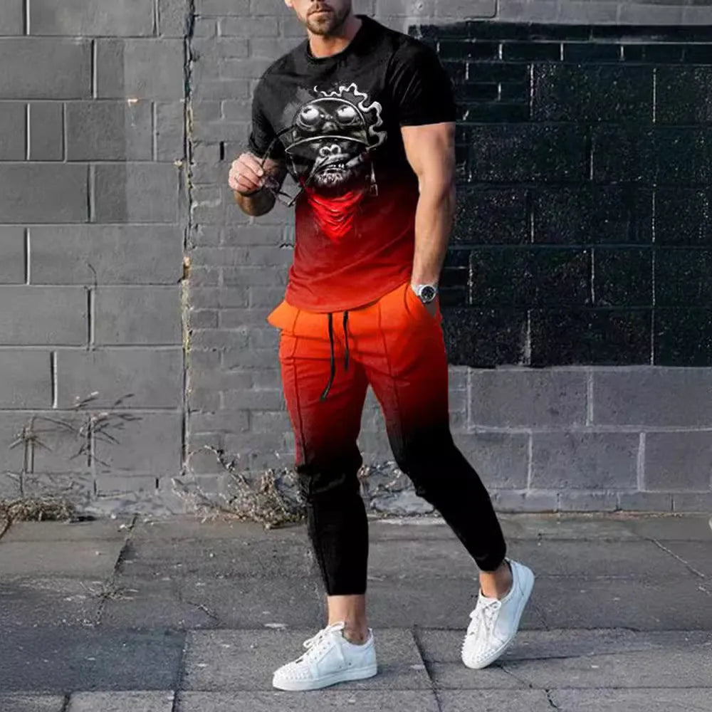 Men's grey polyester blend sport suit set with short sleeve T-shirt and matching trousers on a hanger.
