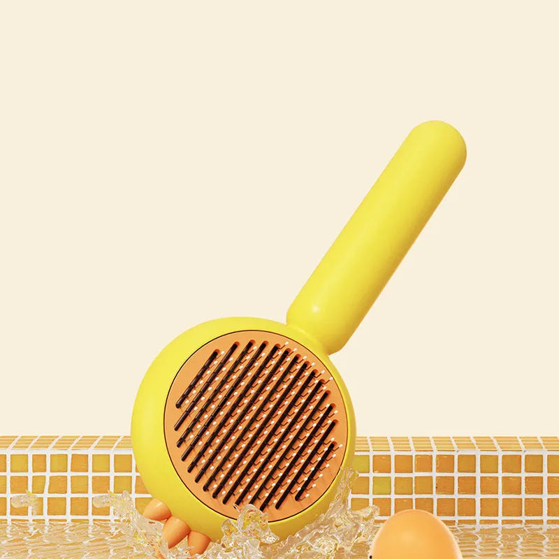 Purple self-cleaning pet grooming brush with stainless steel bristles for cats and dogs