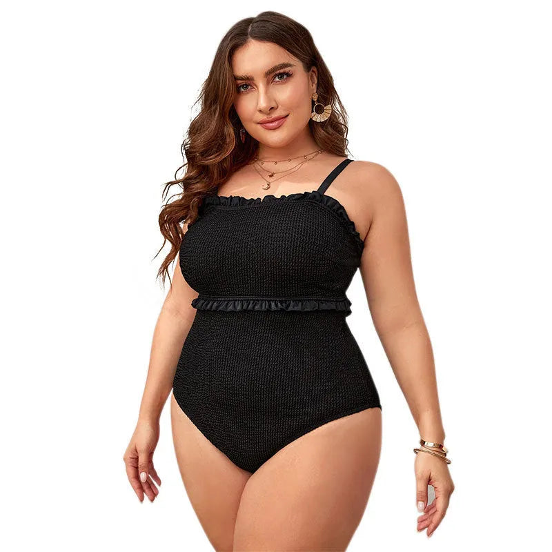 Black plus size women's bikini swimsuit with triangle top and double shoulder strap design