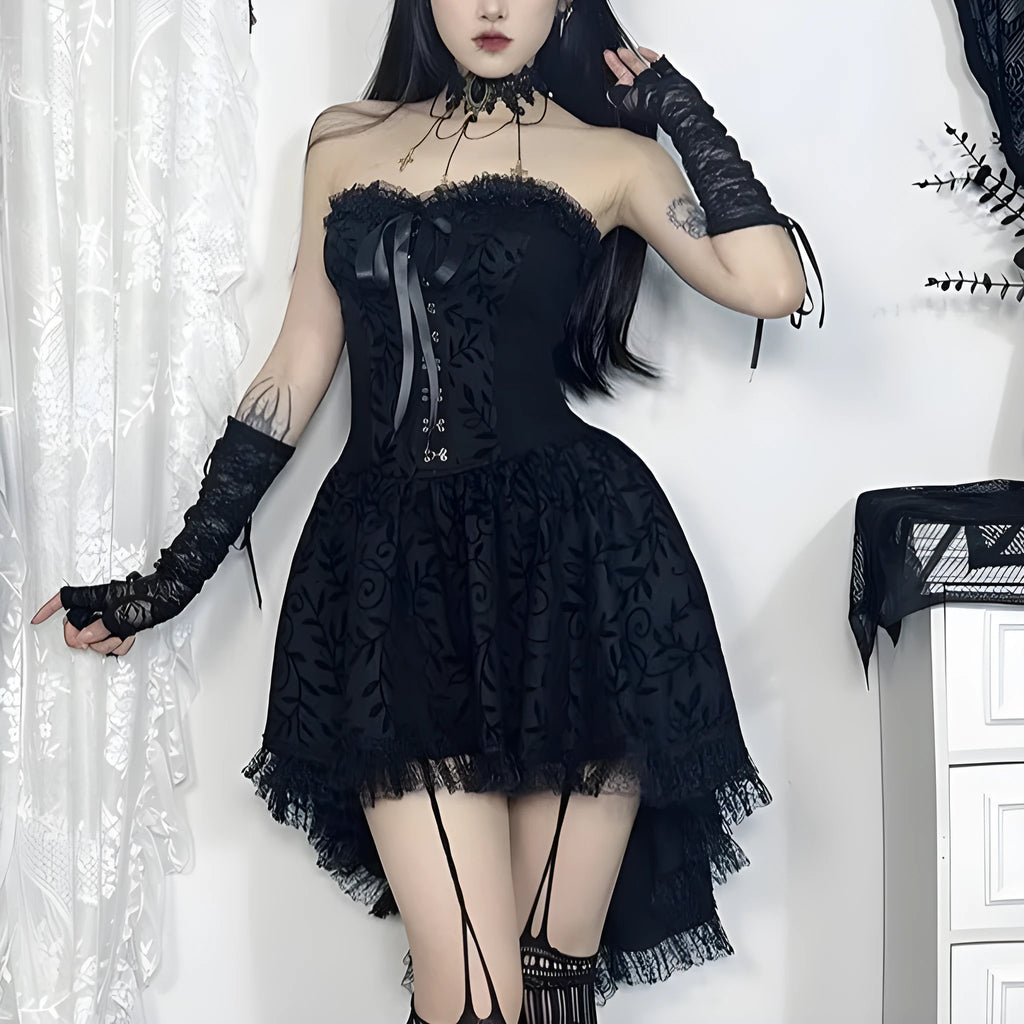Black gothic flocking bra trailing dress with bow detail sleeveless nylon