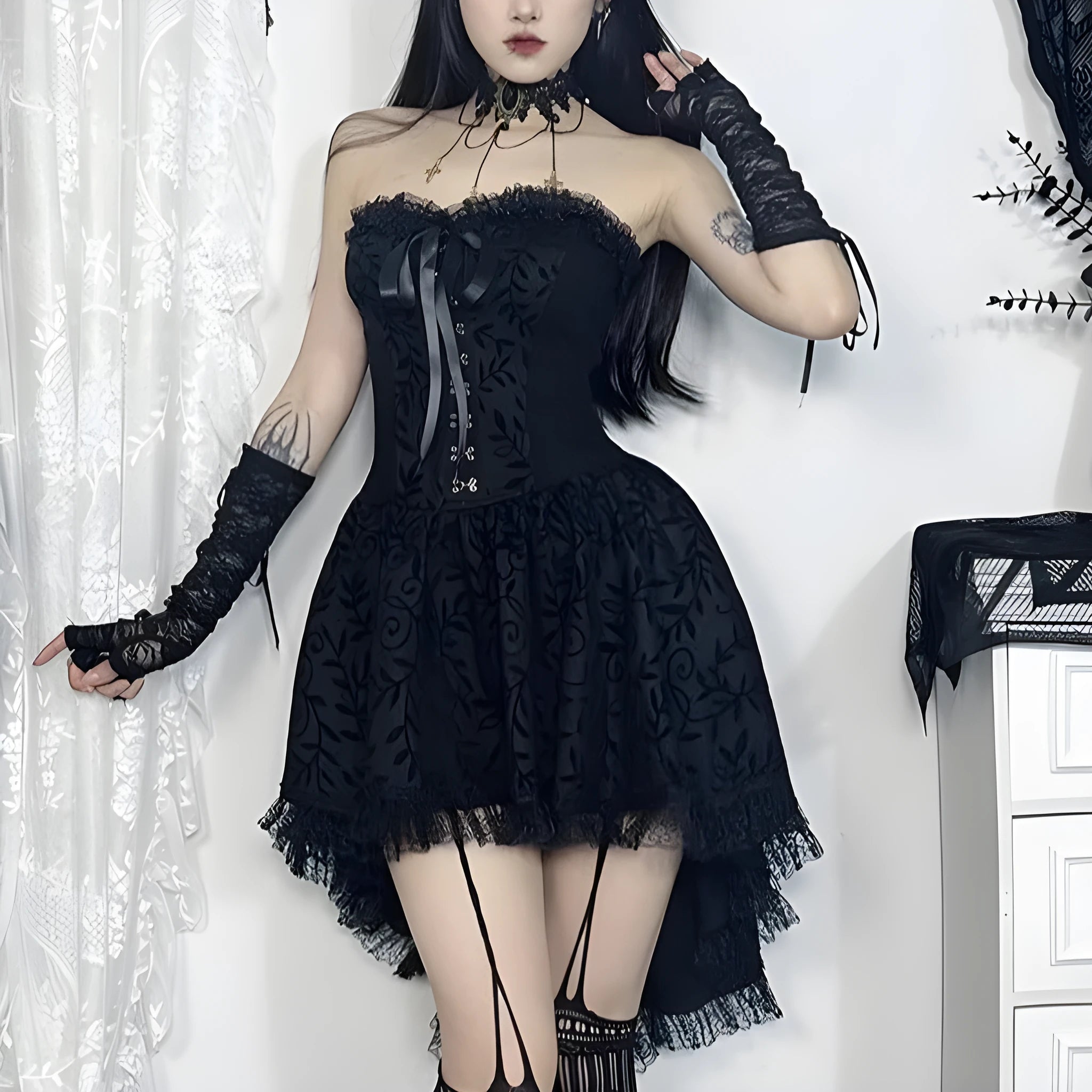 Black gothic flocking bra trailing dress with bow detail sleeveless nylon