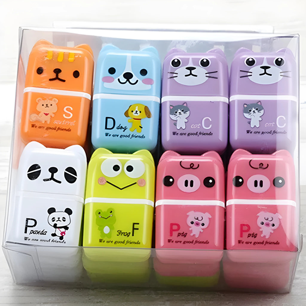 Set of 6 cute animal cartoon erasers in mixed colours, each 3x1.5x5cm, on a white background.