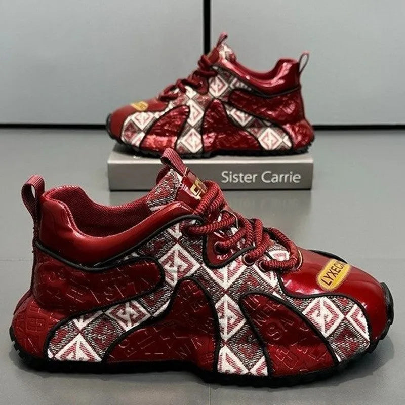 Men's platform trainers in scarlet colour with round toe and lace-up front