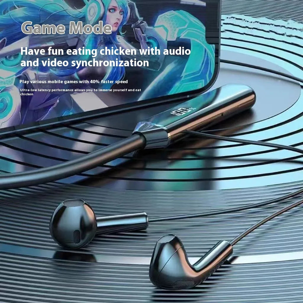 Neck hanging Bluetooth earphone in-ear sports headset with PC ABS build, digital display, and 10m range
